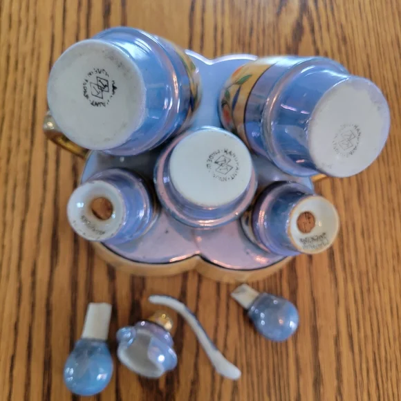 Vintage Lusterware Hand Painted Made in Japan Condiment Tray ~TT 5-piece S&P V&O - Picture 10 of 16